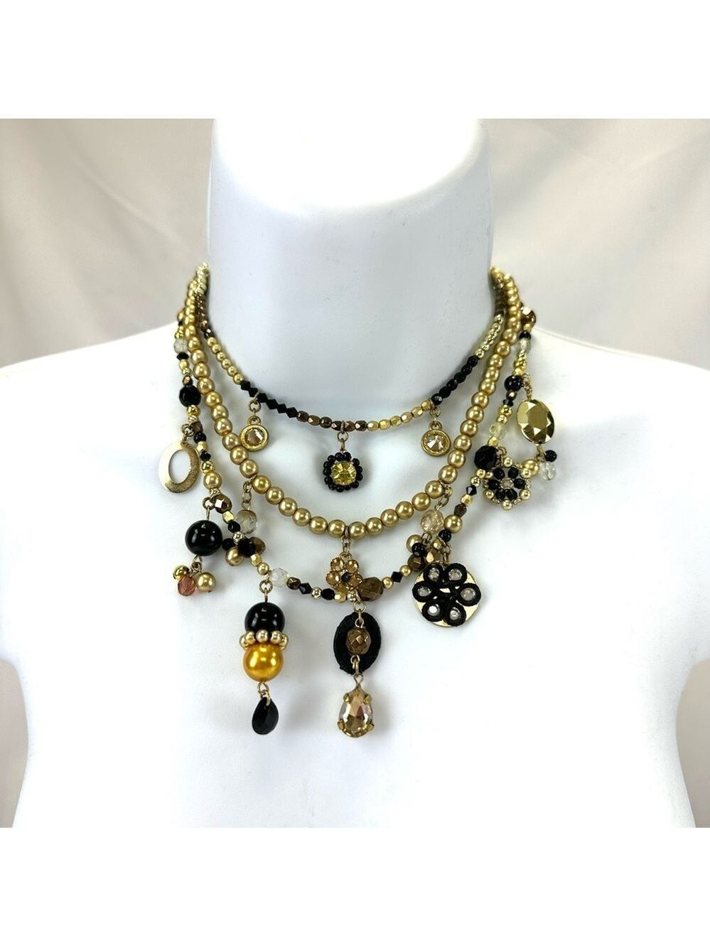 Moda International gold black triple strand charm necklace NEW Canadian Designer